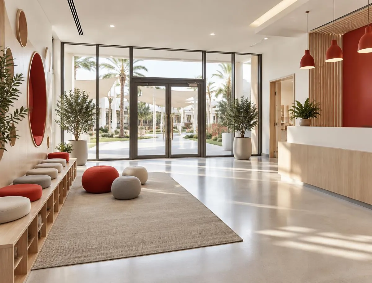 Welcoming nursery entrance hall with glass doors, plants, soft seating and a garden beyond
