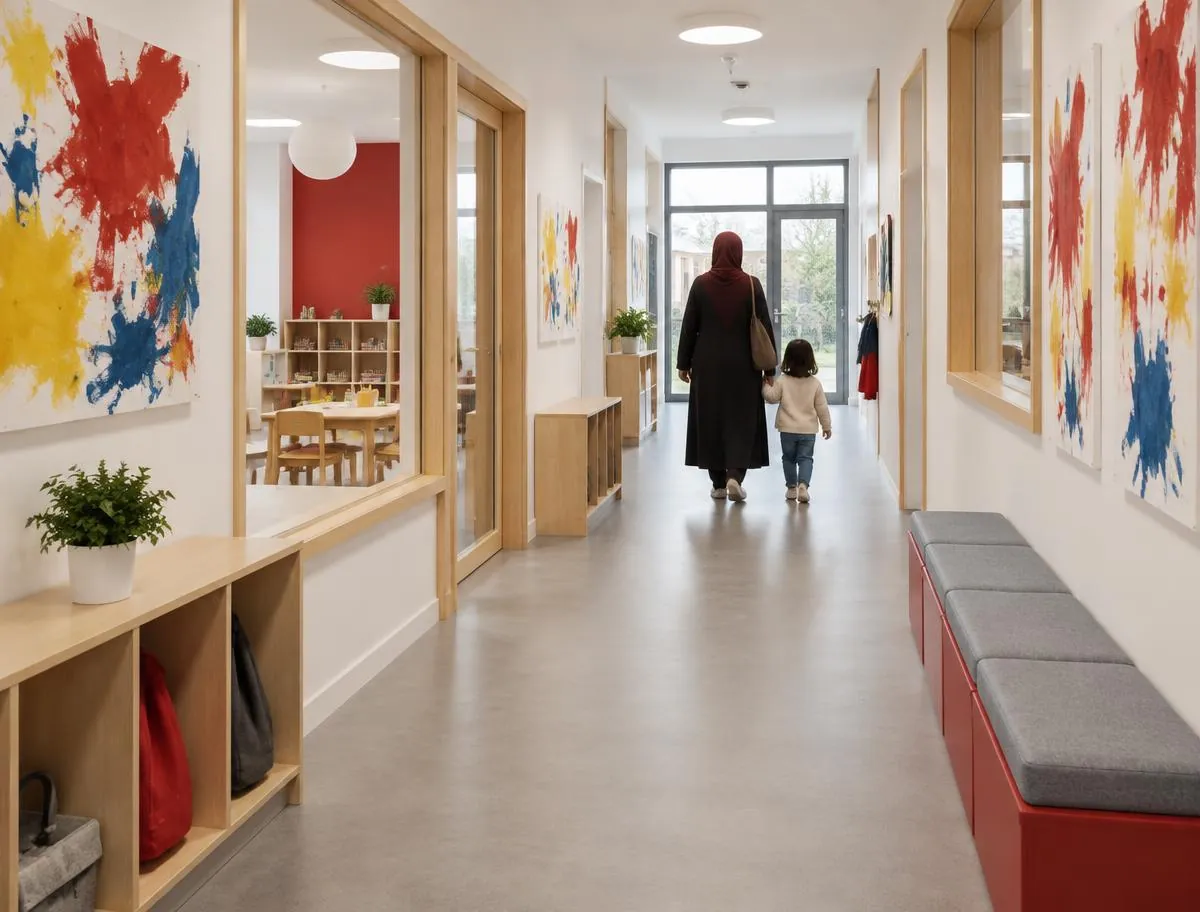 A parent and child seen from behind walking along a bright nursery corridor during a visit