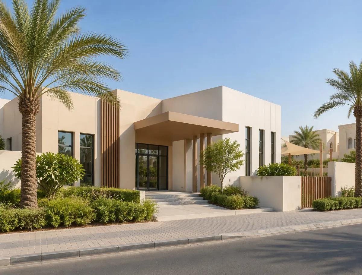 Modern low-rise nursery building with a shaded entrance and palm trees