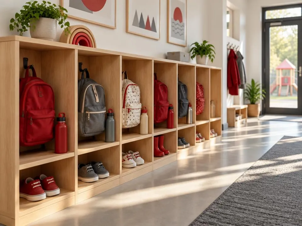 Wooden cubbies with small backpacks, water bottles and shoes in a sunny hallway