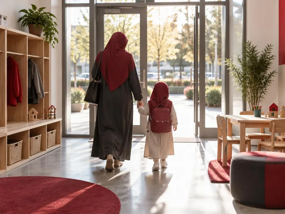 A parent and child seen from behind walking hand in hand towards the nursery doors