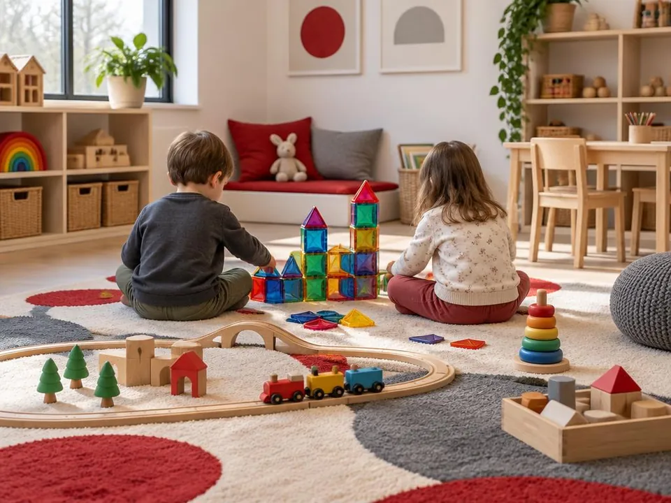 Two children seen from behind playing with magnetic tiles and a wooden train set on a play rug