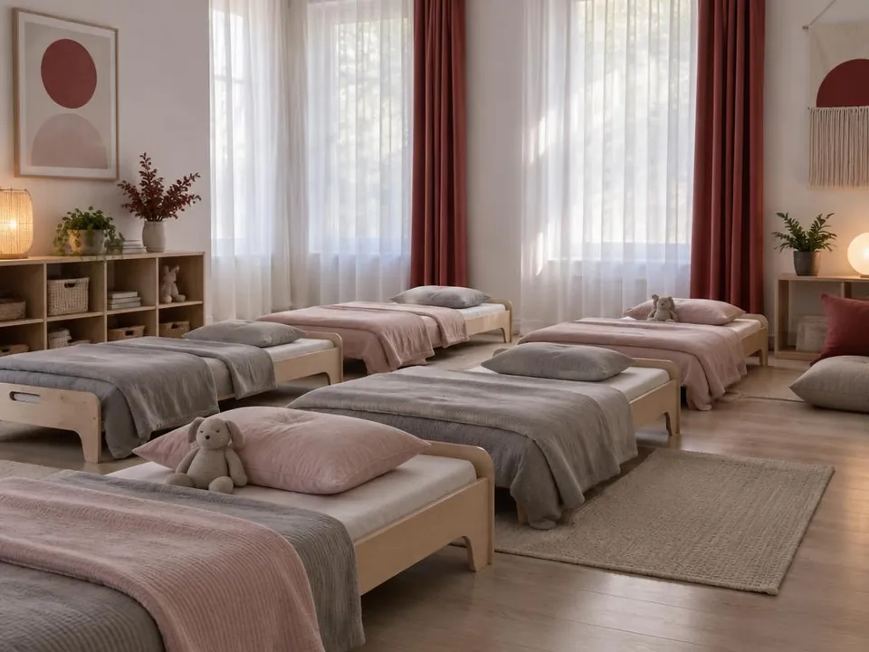 Calm nap room with low cots, soft blankets and pillows