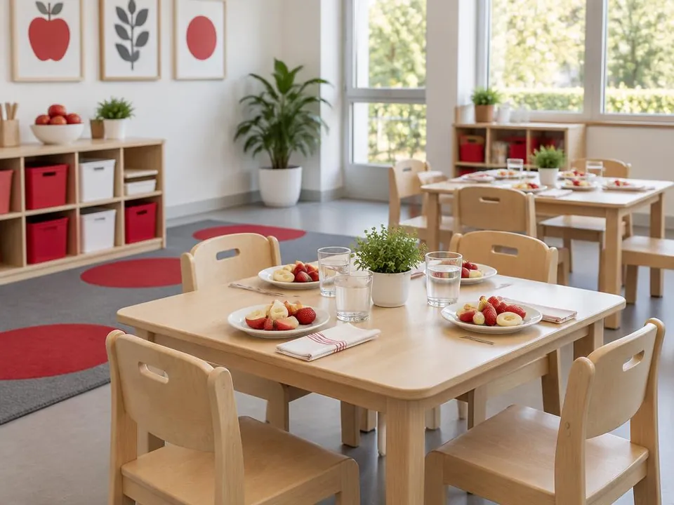 Snack area with small wooden tables set with fruit plates and cups of water