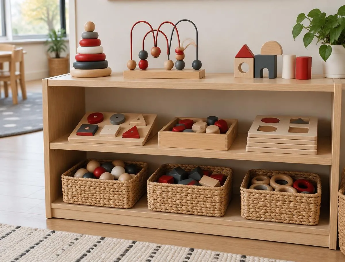 Low wooden shelf with stacking rings, a bead maze, shape puzzles and baskets of toys