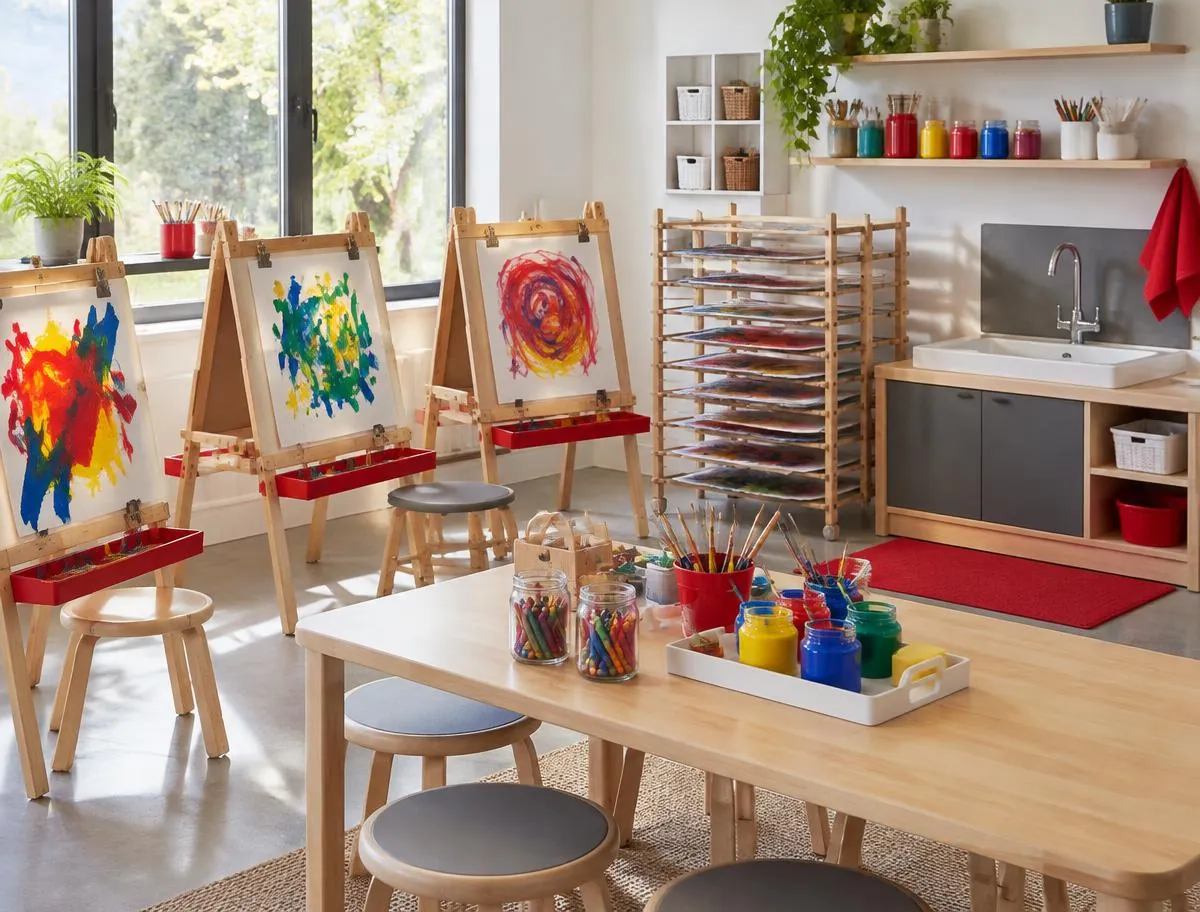 Art corner with easels, colourful paintings, paint pots and a drying rack