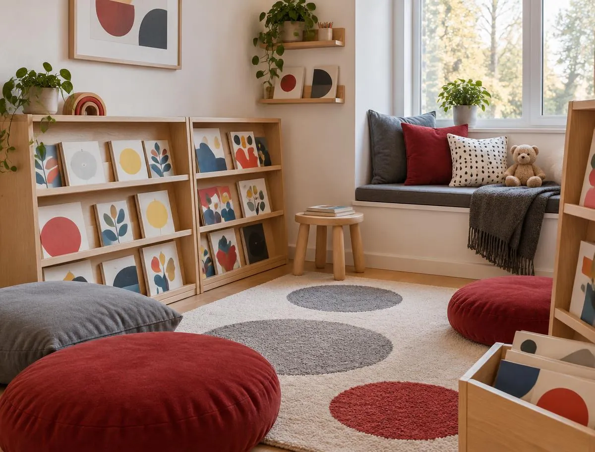 Reading corner with low bookshelves, floor cushions and a window seat