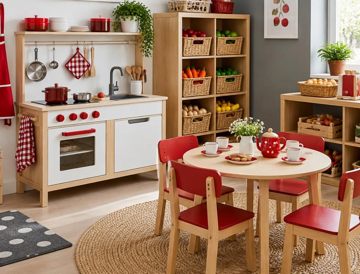 Role-play corner with a child-sized wooden kitchen and a small table set for tea