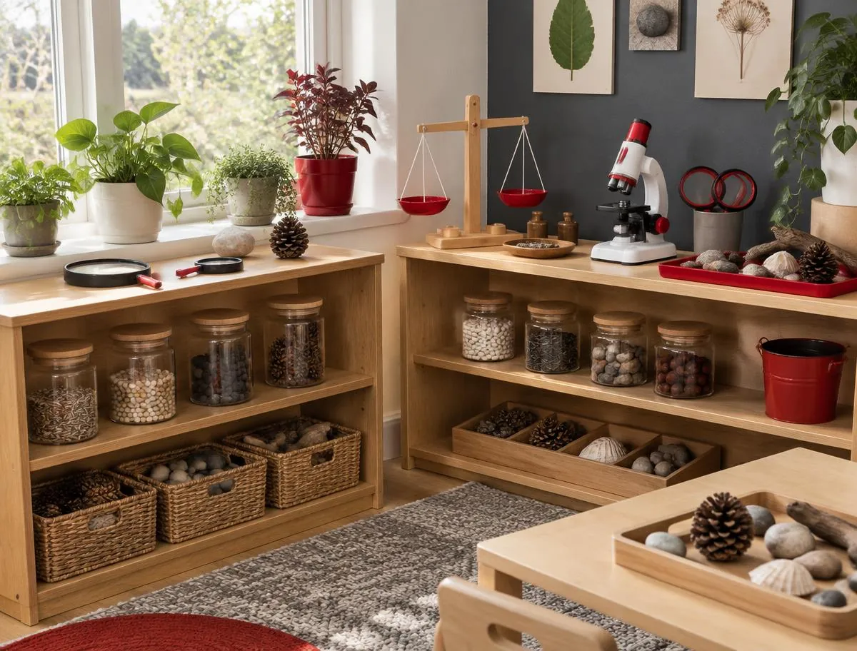 Science and discovery corner with jars of seeds, a balance scale, a toy microscope and magnifiers