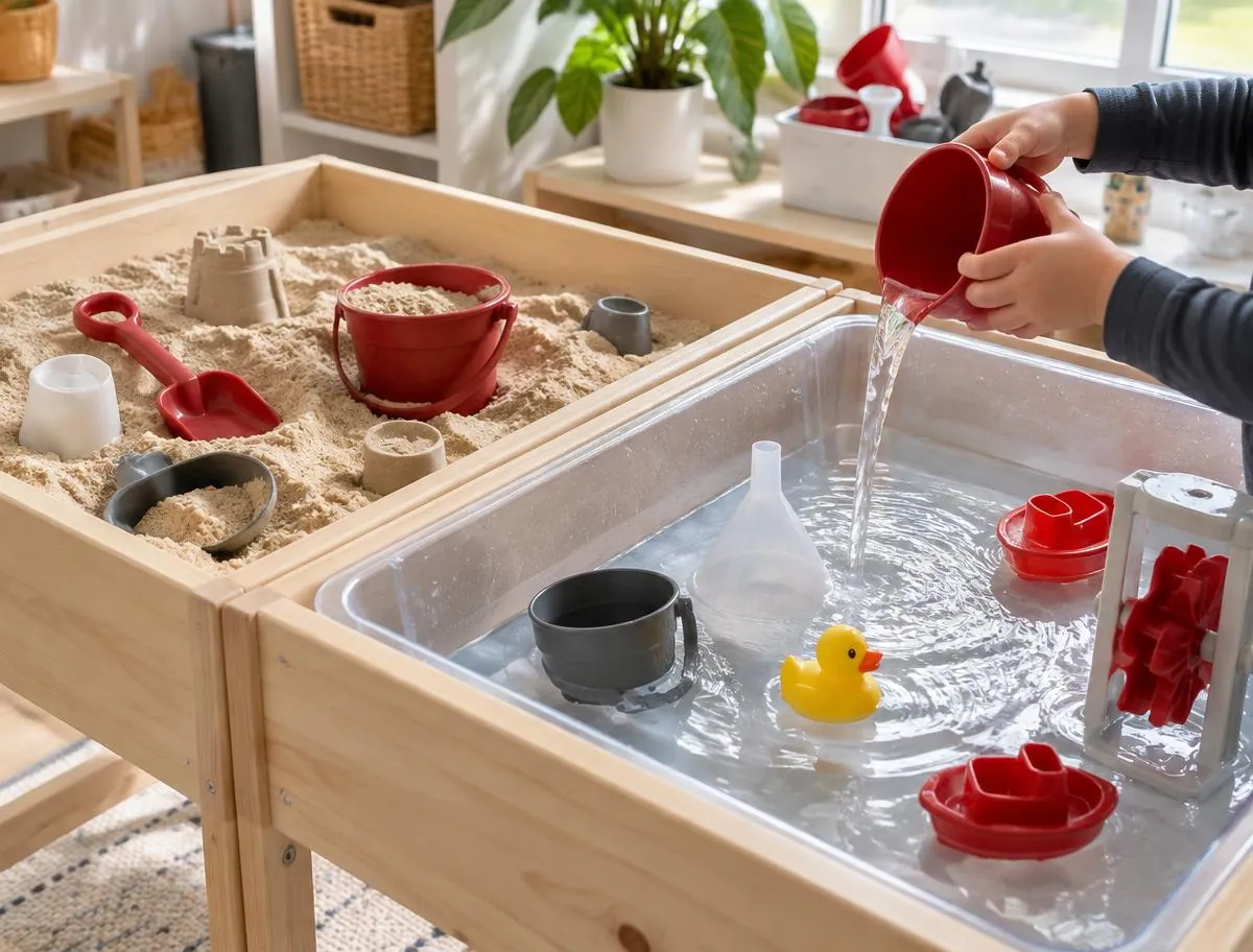 Sand and water tables with scoops, funnels and buckets for sensory play