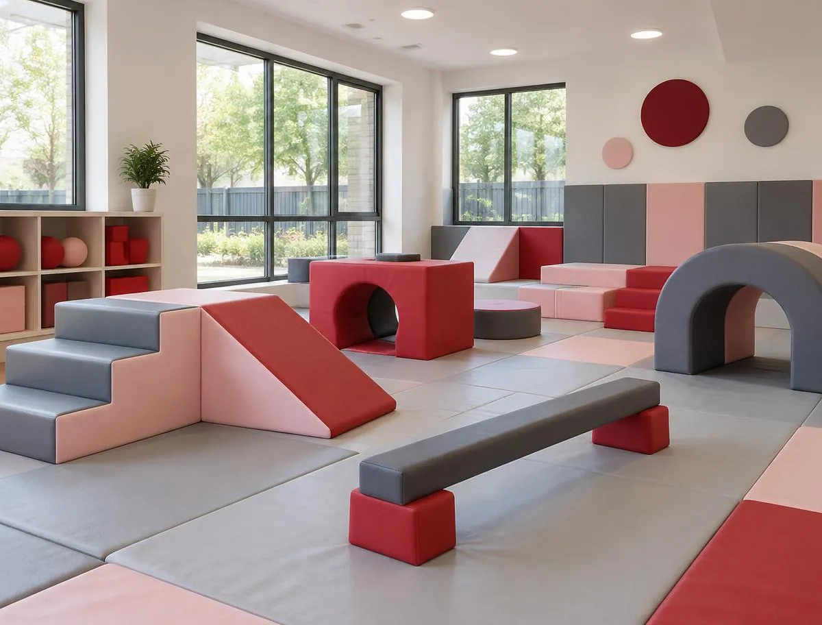 Indoor soft-play room with padded mats, foam steps, ramps, tunnels and a balance beam