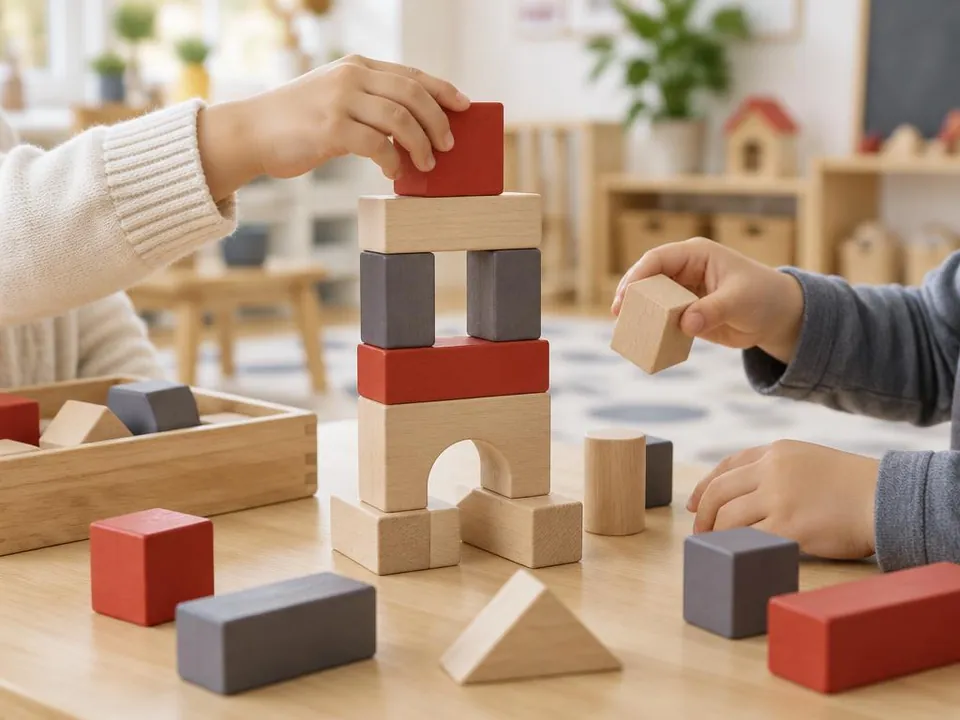 Children's hands building a tower of wooden blocks on a low table