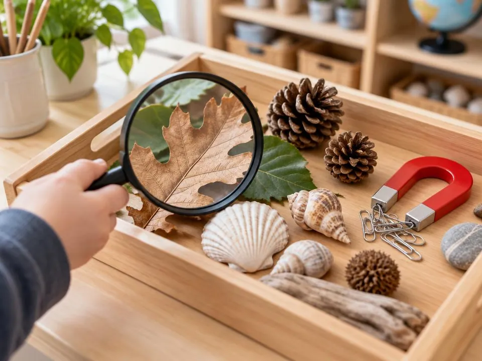 A child's hand holding a magnifying glass over leaves, shells and a magnet on a discovery tray