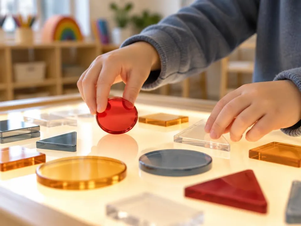 A child's hands arranging translucent coloured shapes on a light table